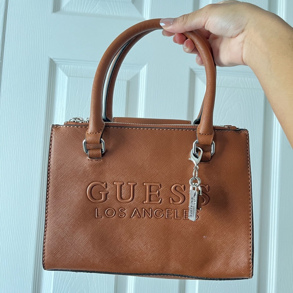Brown Guess handbag with silver hardware #GuessHandbag